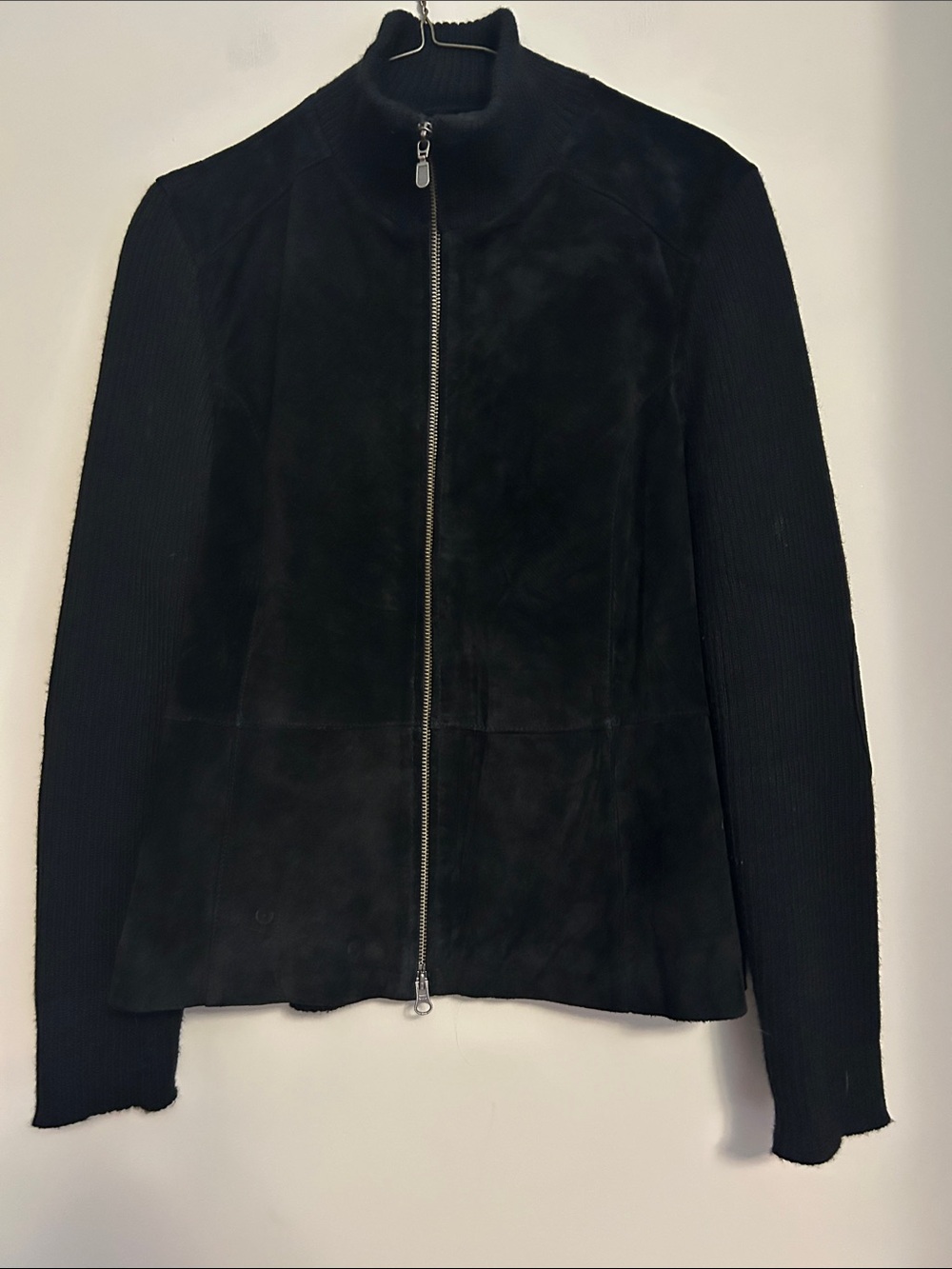 Covington Black Zip-Front Suede Leather Jacket/knit sleeves good condition size